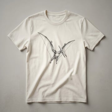 Black and white line drawing of a Pterodactyl with its wings spread wide, depicted in a vintage art style on a t-shirt.