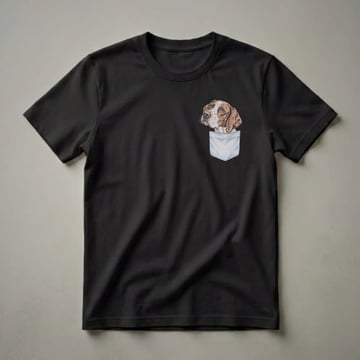 Black t-shirt with a detailed drawing of a brown and white Pointer dog's head peeking out of a light blue pocket.