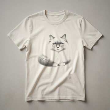 A black t-shirt with a vintage line drawing of a fluffy Ragdoll cat's face and upper body in white outline.