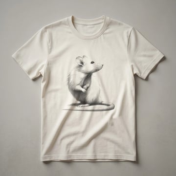 Black and white sketch of a rat in profile, showing fine linework detail on its fur and tail, printed on a t-shirt.