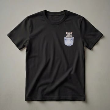 A black t-shirt featuring a detailed pencil drawing of a cute, grey rat peeking over the top edge of a light blue denim pocket.