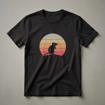 Black silhouette of a rat standing on a mound against a retro sunset with horizontal stripes of beige, yellow, orange, and red.