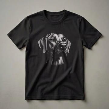 Black t-shirt featuring a detailed scratchboard drawing of a Rhodesian Ridgeback dog's head, rendered in black and white with intricate linework.