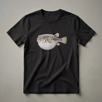 A detailed colored pencil drawing of a pufferfish, showcasing its spiky texture, patterned body, and fins, set against a plain black background.