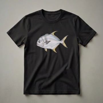 A vintage drawing of a Pompano fish with silvery scales and yellow fins, depicted on a black t-shirt.