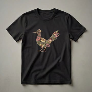 Black t-shirt featuring a roadrunner bird illustration composed entirely of colorful flowers and leaves in shades of yellow, orange, and green.