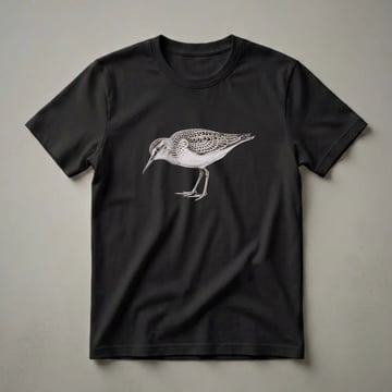 Black t-shirt featuring a detailed illustration of a sandpiper bird with intricate feather patterns and a long beak, shown in profile.