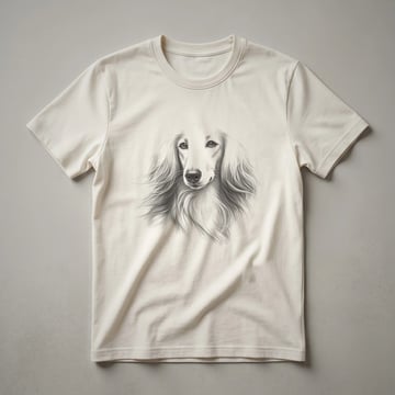 Black and white line art t-shirt featuring the head of a Saluki dog with flowing hair and expressive eyes.