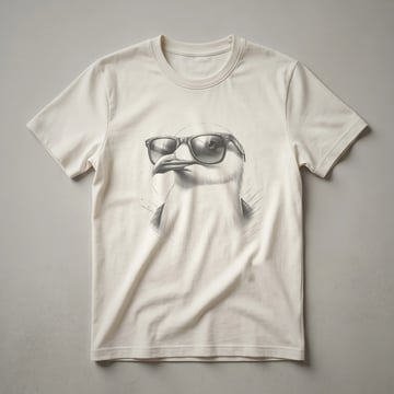 Black and white drawing of a seagull wearing Wayfarer-style sunglasses, depicted on a t-shirt.