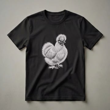 A black t-shirt featuring a detailed, vintage-style pencil drawing of a Silkie chicken with fluffy white feathers and a black background.