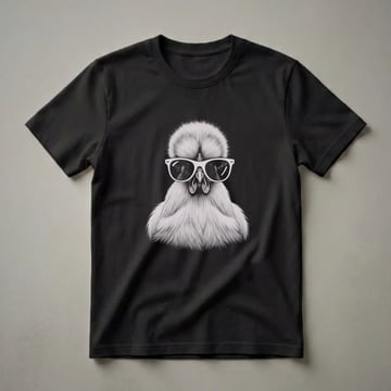 Black t-shirt featuring a detailed pencil sketch of a Silkie chicken wearing white-rimmed sunglasses against a black background.