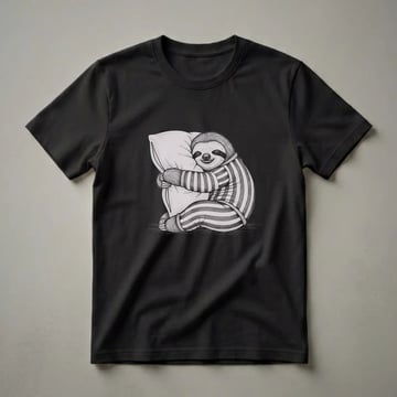 A black and white sketch of a sloth wearing striped pajamas and hugging a pillow, printed on a t-shirt.