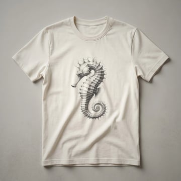Black t-shirt featuring a detailed vintage sketch of a seahorse in profile, with intricate lines defining its body and curled tail.