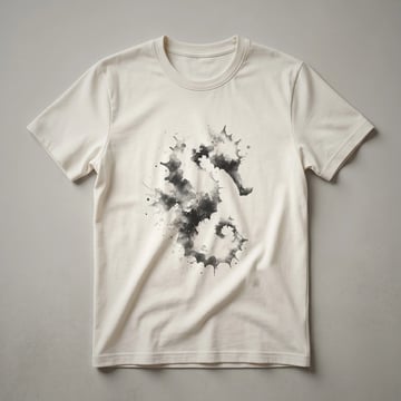 Dark abstract seahorse watercolor art design on a black t-shirt, featuring flowing lines and textured details.