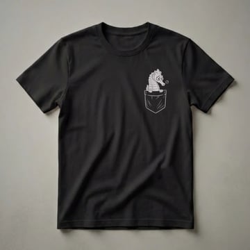 Black t-shirt with a light grey sketch of a seahorse peeking out of a faux pocket, with a small bubble floating to the right of its snout.