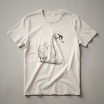 Black graphic t-shirt with a white vintage sketch of a swan in profile, showing its long neck and body.
