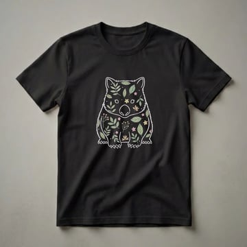 Black t-shirt featuring a white line drawing of a wombat filled with green leaves, pink and yellow flowers, and berry branches.