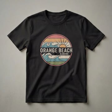 Retro graphic t-shirt featuring a circular design with waves, a sun, and the text 'ORANGE BEACH ALABAMA' in a vintage, distressed style.