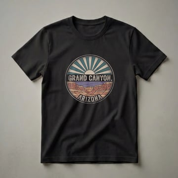 Retro graphic t-shirt featuring a circular design of the Grand Canyon at sunrise, with the words 'Grand Canyon, Arizona' in vintage lettering.