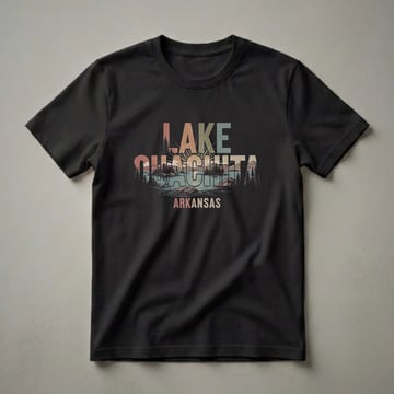 Black graphic t-shirt featuring the words LAKE OUACHITA ARKANSAS in a retro font over a vintage landscape illustration of a lake, mountains, pine trees, and a sunset.