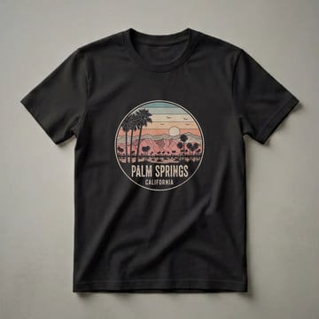 Black t-shirt with a circular graphic depicting a retro Palm Springs, California sunset scene with palm trees and mountains.
