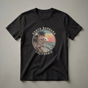 Black t-shirt with a circular retro graphic of Santa Barbara, California, featuring palm trees, a rocky coastline, crashing waves, and a sunset with vintage-colored stripes.