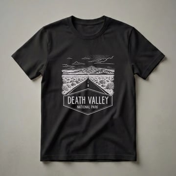 Black graphic t-shirt with a white scratchboard illustration showing a straight desert road flanked by yucca plants leading to mountains under a dramatic sky, with Death Valley National Park badge text.