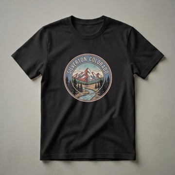 A retro graphic t-shirt featuring a circular design of Silverton, Colorado, with mountains, a winding river, and pine trees in a vintage art style.