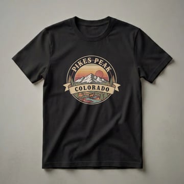 Black t-shirt featuring a circular retro design of Pikes Peak, Colorado, with a sunset, pine trees, a river, and two bighorn sheep.
