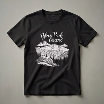 Black t-shirt with a vintage pencil drawing of Pikes Peak, Colorado, under a moonlit sky with clouds, pine trees, and snow-covered rocks in the foreground.
