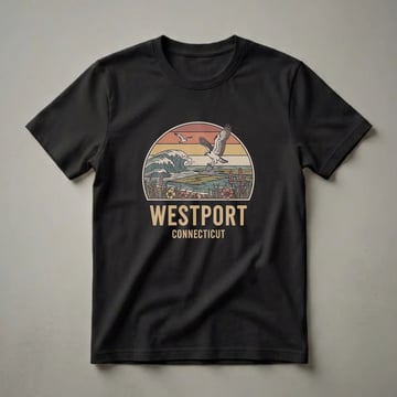 A retro graphic t-shirt design featuring an osprey in flight over ocean waves with a vintage sunset and the text 'WESTPORT CONNECTICUT'.