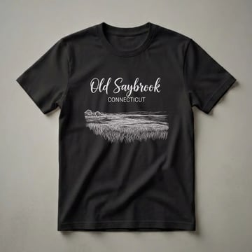 Black t-shirt with white vintage line art of Old Saybrook, Connecticut, featuring tall grasses, water, trees, and hills, with the town name in script and block letters.