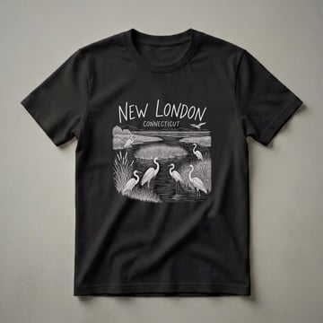 Black t-shirt featuring a white line drawing of a marsh scene with multiple herons, cattails, and reeds, with the text 'NEW LONDON CONNECTICUT' at the top.