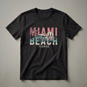 Black t-shirt with a retro graphic design featuring the words Miami Beach Florida, a palm tree, a crashing wave, a sun, and a flamingo.