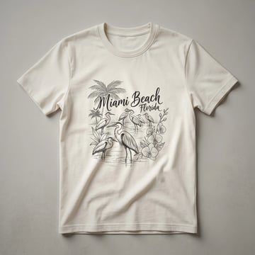 Black line art sketch on a t-shirt depicting several herons in water, palm trees, and orchids, with the text 'Miami Beach Florida'.