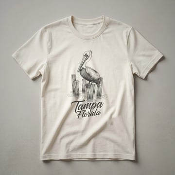 A sketch art graphic t-shirt featuring a pelican perched on wooden pilings in water, with 'Tampa Florida' written below in script.