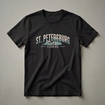 Black t-shirt with a retro graphic design featuring the words 'ST. PETERSBURG FLORIDA' above a stylized ocean wave with a leaping dolphin, in muted blue, teal, and cream colors.