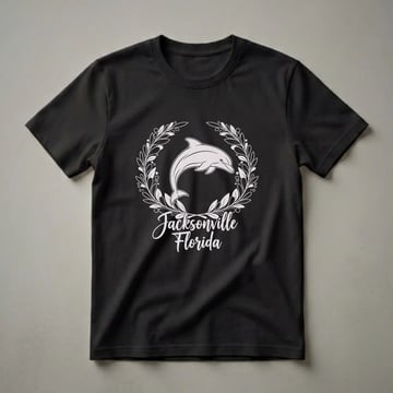 Black t-shirt featuring a light grey graphic of a dolphin leaping through a laurel wreath with 'Jacksonville Florida' written below in script.