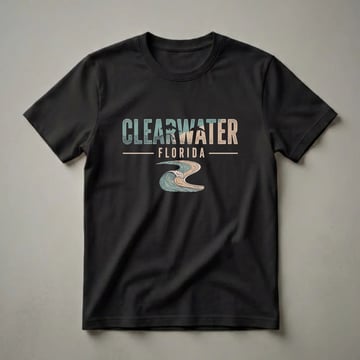 Black t-shirt with a retro graphic design that reads 'CLEARWATER FLORIDA' with stylized waves and leaping dolphins, and a large breaking wave illustration below.