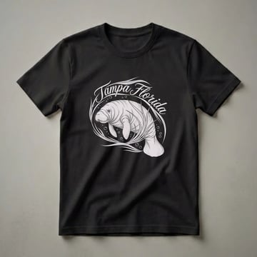 Black t-shirt with a vintage-style graphic of a manatee swimming with 'Tampa Florida' written in script above, surrounded by aquatic plants and bubbles.
