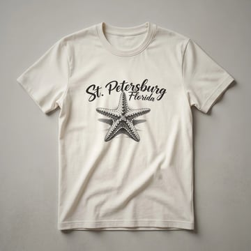 Black graphic t-shirt featuring a sketch art illustration of a starfish with 'St. Petersburg Florida' written in script above it.