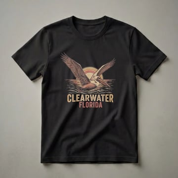 Black t-shirt featuring a retro graphic of a pelican in flight over wavy water with a multi-colored sunset behind it, and the text 'Clearwater Florida'.