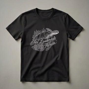 Black t-shirt with a white line art design of a sea turtle swimming near coral, with the text "Fort Lauderdale Florida" in script.