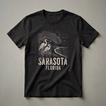 Black t-shirt with a vintage-style linocut illustration of two egrets in marsh grass, a mangrove tree, and a coastal landscape, with 'SARASOTA FLORIDA' text below.