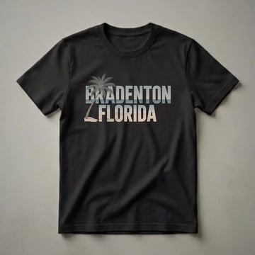 Black t-shirt with "BRADENTON FLORIDA" in large retro font, filled with a beach scene including a palm tree, sand, and ocean waves.