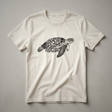 Black graphic t-shirt featuring a stylized sea turtle with the words 'Boca Raton Florida' integrated into its shell and body.