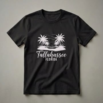 Black t-shirt with a light grey graphic depicting a tropical sunset over water, framed by palm trees and beach grass, with 'Tallahassee FLORIDA' text below.