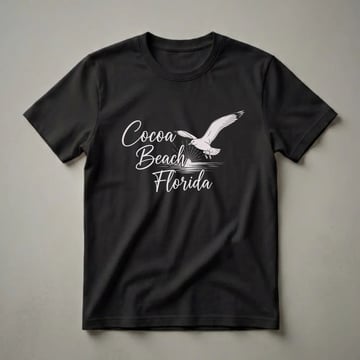 Black t-shirt with a graphic design of a seagull flying over a sunrise and water, with the text 'Cocoa Beach Florida' in script.