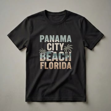 Black t-shirt with retro graphic text reading 'PANAMA CITY BEACH FLORIDA' featuring a stylized ocean wave, sandy beach, and palm trees.