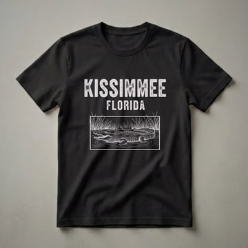 Black graphic t-shirt with "KISSIMMEE FLORIDA" in distressed white font above a detailed white line drawing of an alligator in water with reeds.